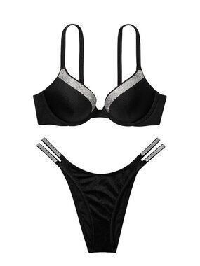 34DD/M VICTORIA SECRET Shine Strap Trim Push Up Top Bikini Set Brazilian Bottom